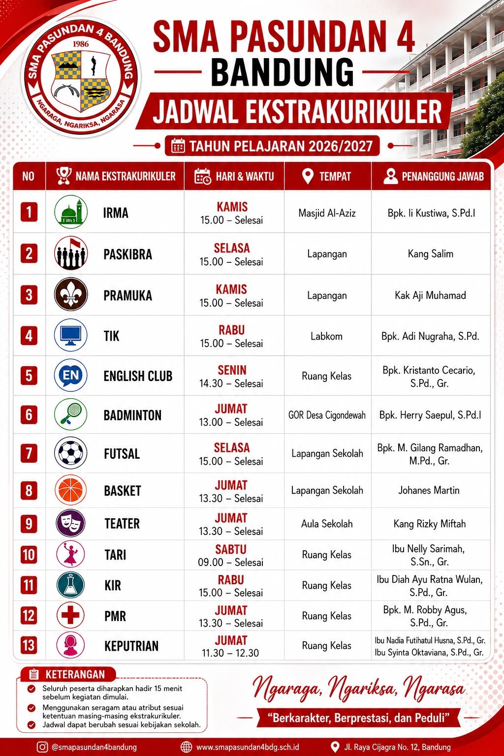 Jadwal Ekstrakurikuler SMA Pasundan 4 Bandung Tahun Pelajaran 2026/2027